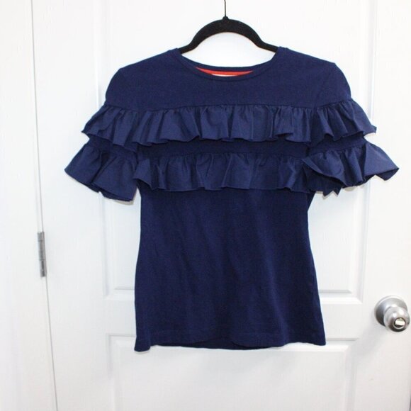 Tory Burch Womens Cotton Jersey Knit Ruffled Short Sleeve Shirt Navy Blue XS - Picture 1 of 3